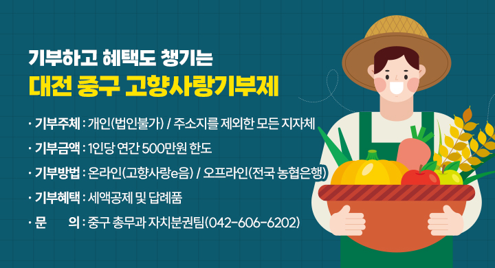 기부하고 혜택도 챙기는 대전 중구 고향사랑기부제
- 기부주체: 개인(법인불가) / 주소지를 제외한 모든 지자체
  - 기부금액: 1인당 연간 500만원 한도
  - 기부방법: 온라인(고향사랑e음) / 오프라인(전국 농협은행)
  - 기부혜택: 세액공제 및 답례품 
  - 문    의: 중구 총무과 자치분권팀(042-606-6202)
