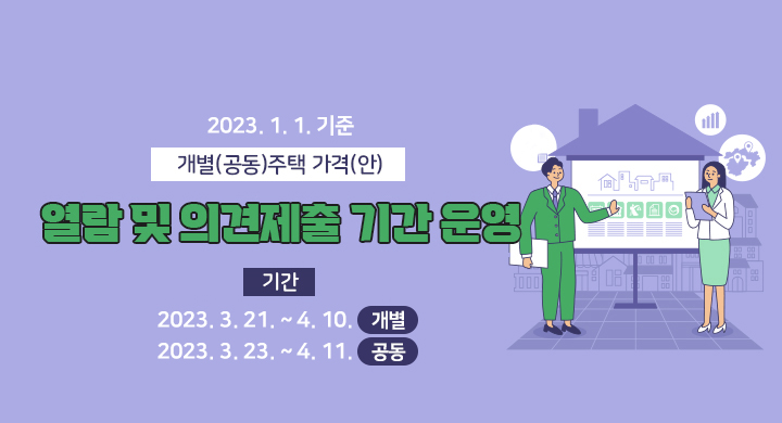 2023.1.1.기준
개별(공동)주택 가격(안)
열람 및 의견제출 기간 운영
기간 2023.3.21 ~ 4.10
