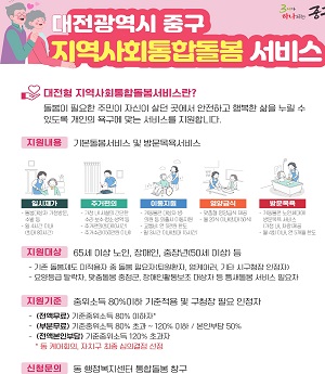 ○ 지원내용: 일시재가, 주거편의, 이동지원, 영양급식, 방문목욕서비스 등

  ○ 신청대상: 65세 이상 노인, 장애인, 중장년(50세 이상) 등

    - 기존 돌봄제도 미적용자 중 돌봄 필요자(퇴원환자, 영케어러, 기타 구청장 인정자)

    - 요양등급 탈락자, 맞춤돌봄 중점군, 장애인 활동보조 대상자 등 틈새돌봄 서비스 필요자

  ○ 지원기준: 중위소득 80%이하 기준 적용 및 구청장 필요 인정자

  ○ 신청방법: 동 행정복지센터 방문신청(신청서, 개인정보 동의서 등)

  ○ 신청문의: 중구청 복지정책과(복지기획팀 ☎042-606-7102, 7108), 동 행정복지센터 통합돌봄 창구