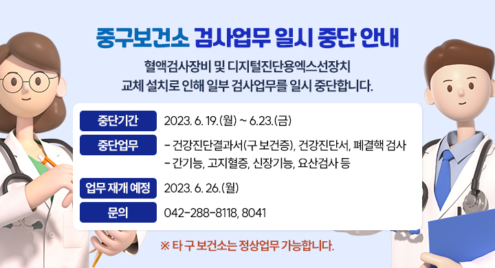 중구보건소 검사업무 일시 중단 안내
혈액검사장비 및 디지털진단용엑스선장치 교체 설치로 인해 일부 검사업무를 일시 중단합니다.

○ 중단기간: 2023. 6. 19.(월) ~ 6.23.(금) 
○ 중단업무
  - 건강진단결과서(구 보건증), 건강진단서, 폐결핵 검사
  - 간기능, 고지혈증, 신장기능, 요산검사 등
○ 업무 재개 예정: 2023. 6. 26.(월)
○ 문의:  042-288-8118, 8041

※ 타 구 보건소는 정상업무 가능합니다.