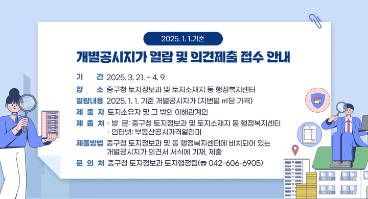 2025. 1. 1.기준 개별공시지가 열람 및 의견제출 접수 안내
□ 기 　 간: 2025. 3. 21. ~ 4. 9.
□ 장 　 소: 중구청 토지정보과 및 토지소재지 동 행정복지센터
□ 열람내용: 2025.1.1.기준 개별공시지가 (지번별 ㎡당 가격)
□ 제 출 자: 토지소유자 및 그 밖의 이해관계인
□ 제 출 처
   - 방  문: 중구청 토지정보과 및 토지소재지 동 행정복지센터
   - 인터넷: 부동산공시가격알리미
□ 제출방법: 중구청 토지정보과 및 동 행정복지센터에 비치되어 있는
             개별공시지가 의견서 서식에 기재, 제출
□ 문 의 처: 중구청 토지정보과 토지행정팀(☎ 042-606-6905)
