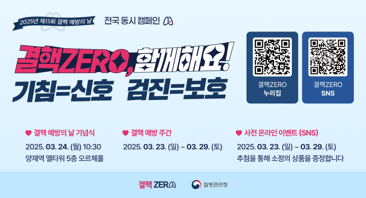 2025년 제15회 결핵 예방의 날
전국 동시 캠페인 결핵 함께해!
기침=신호 검진=보호
결핵 예방의 날 기념식
2025. 03.24. () 10:30 양재역 엘타워 5층 오르체홀
결핵 예방주간
2025.03.23.(일) ~ 03.29.(토)
사전 온라인 이벤트 (SNS) 2025.03.23.(일) ~ 03.29.(토) 추첨을 통해 소정의 상품을 증정합니다