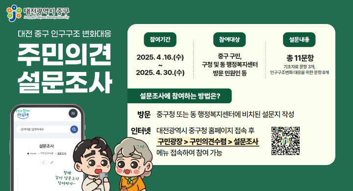 대전 중구 인구구조 변화 대응 주민의견 설문조사
  ❍ (조사기간) 2025. 4. 16.(수) ~ 4. 30.(수) 
  ❍ (조사대상) 관내 주민
  ❍ (조사방법) 구청 및 행정복지센터 내방객 서면 및 홈페이지
     - (서면조사) 본청, 동 행정복지센터 등 내방객 및 인구교육 대상자들에
                  대한 서면 설문조사
     - (홈페이지) 중구청 홈페이지 접속을 통한 설문조사
      ※ 중구청 홈페이지 접속 경로: 구민광장 – 구민의견수렴 - 설문조사참여