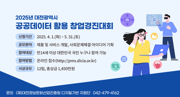 2025년 대전광역시 공공데이터 활용 창업경진대회
❍ 신청기간: 2025. 4. 1.(화) ~ 5. 31.(토)
❍ 공모분야: 제품 및 서비스 개발, 사회문제해결 아이디어 기획
❍ 참여대상: 만14세 이상 대한민국 국민 누구나 참여 가능
❍ 참여방법: 온라인 접수(http://pms.dicia.or.kr)
❍ 시상규모: 12팀, 총상금 1,450만원