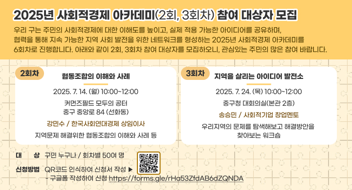 2025년 사회적경제 아카데미(2회, 3회차) 참여 대상자 모집

 우리 구는 주민의 사회적경제에 대한 이해도를 높이고, 실제 적용 가능한 아이디어를 공유하며, 협력을 통해 지속 가능한 지역 사회 발전을 위한 네트워크를 형성하는 2025년 사회적경제 아카데미를 6회차로 진행합니다.
 아래와 같이 2회, 3회차 참여 대상자를 모집하오니, 관심있는 주민의 많은 참여 바랍니다.
□ 2025년 사회적경제 아카데미 2회, 3회차 교육
  ❍ (대    상) 구민 누구나 / 회차별 50여 명
  ❍ (신청방법) QR코드 인식하여 신청서 작성
   - 구글폼 작성하여 신청 https://forms.gle/rHa53ZfdAB6dZQNDA
  ❍ (교육내용) 
구  분	2회차 / 협동조합의 이해와 사례	3회차 / 지역을 살리는 아이디어 발전소
일  시	2025.7.14.(월) 10:00~12:00	2025.7.24.(목) 10:00~12:00
장  소	커먼즈필드 모두의 공터
/ 중구 중앙로 84 (선화동)	중구청 대회의실(본관 2층)
강  사	강민수 / 한국사회연대경제 상임이사	송승민 / 사회적기업 창업멘토
내  용	지역문제 해결위한 협동조합의 이해와 사례 등	우리지역의 문제를 탐색해보고 해결방안을 찾아보는 워크숍
□ 2025년 사회적경제 아카데미 2회, 3회차 교육
  ❍ (대    상) 구민 누구나 / 회차별 50여 명
  ❍ (신청방법) QR코드 인식하여 신청서 작성
   - 구글폼 작성하여 신청 https://forms.gle/rHa53ZfdAB6dZQNDA
  ❍ (교육내용) 
구  분	2회차 / 협동조합의 이해와 사례	3회차 / 지역을 살리는 아이디어 발전소
일  시	2025.7.14.(월) 10:00~12:00	2025.7.24.(목) 10:00~12:00
장  소	커먼즈필드 모두의 공터
/ 중구 중앙로 84 (선화동)	중구청 대회의실(본관 2층)
강  사	강민수 / 한국사회연대경제 상임이사	송승민 / 사회적기업 창업멘토
내  용	지역문제 해결위한 협동조합의 이해와 사례 등	우리지역의 문제를 탐색해보고 해결방안을 찾아보는 워크숍
구  분	2회차 / 협동조합의 이해와 사례	3회차 / 지역을 살리는 아이디어 발전소
일  시	2025.7.14.(월) 10:00~12:00	2025.7.24.(목) 10:00~12:00
장  소	커먼즈필드 모두의 공터
/ 중구 중앙로 84 (선화동)	중구청 대회의실(본관 2층)
강  사	강민수 / 한국사회연대경제 상임이사	송승민 / 사회적기업 창업멘토
내  용	지역문제 해결위한 협동조합의 이해와 사례 등	우리지역의 문제를 탐색해보고 해결방안을 찾아보는 워크숍