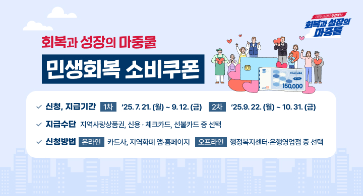 회복과 성장의 마중물 민생회복 소비쿠폰 지급
○ 신청·지급기간
   - (1차)‘25.7.21.(월) ~ 9.12.(금)
   - (2차)‘25.9.22.(월) ~ 10.31.(금)
○ 지급수단 지역사랑상품권, 신용·체크카드, 선불카드 중 선택
○ 신청방법 온라인(카드사, 지역화폐 앱·홈페이지) 및 오프라인(행정복지센터·은행영업점) 선택