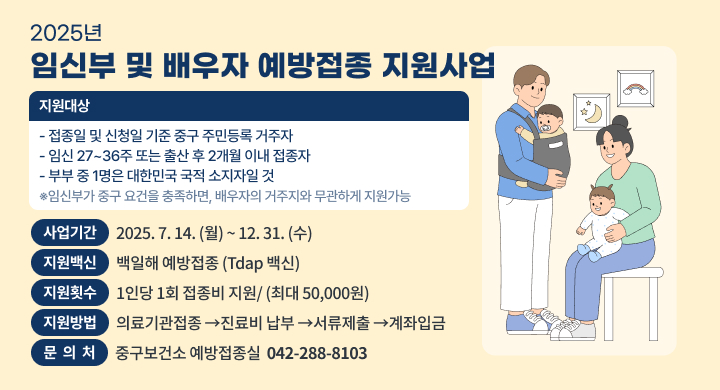 2025년 임신부 및 배우자 예방접종 지원사업
  ❍ (지원대상) 
   - 접종일 및 신청일 기준 중구 주민등록 거주자
   - 임신 27~36주 또는 출산 후 2개월 이내 접종자
   - 부부 중 1명은 대한민국 국적 소지자일 것 
      ※임신부가 중구 요건을 충족하면, 배우자의 거주지와 무관하게 지원가능  
  ❍ (사업기간) 2025. 7. 14. (월) ~ 12. 31. (수)  
  ❍ (지원백신) 백일해 예방접종 (Tdap 백신) 
  ❍ (지원횟수) 1인당 1회 접종비 지원/ (최대 50,000원)
  ❍ (지원방법) 의료기관접종 →진료비 납부 →서류제출 →계좌입금
   문 의 처: 중구보건소 예방접종실(☎ 042-288-8103)