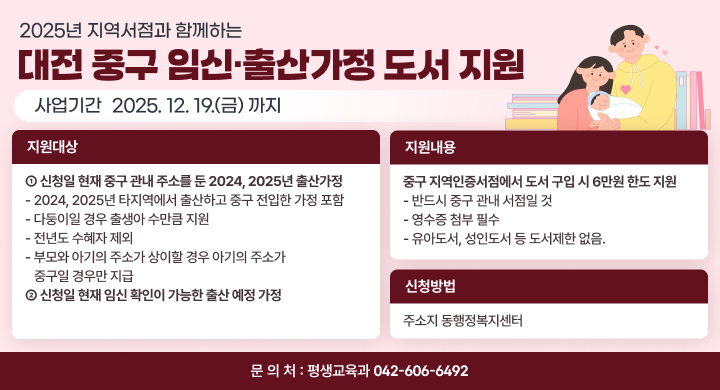 사 업 명: - 2025년 지역서점과 함께하는 - 대전 중구 임신·출산가정 도서 지원
사업기간: 2025. 12. 19.(금) 까지
지원대상
  ➀ 신청일 현재 중구 관내 주소를 둔 2024, 2025년 출산가정
    - 2024, 2025년 타지역에서 출산하고 중구 전입한 가정 포함
    - 다둥이일 경우 출생아 수만큼 지원
    - 전년도 수혜자 제외
    - 부모와 아기의 주소가 상이할 경우 아기의 주소가 중구일 경우만 지급
  ➁ 신청일 현재 임신 확인이 가능한 출산 예정 가정 
지원내용: 중구 지역인증서점에서 도서 구입 시 6만원 한도 지원
    - 반드시 중구 관내 서점일 것
    - 영수증 첨부 필수
    - 유아도서, 성인도서 등 도서제한 없음. 
신청방법: 주소지 동행정복지센터
문 의 처: 평생교육과 (042-606-6492)