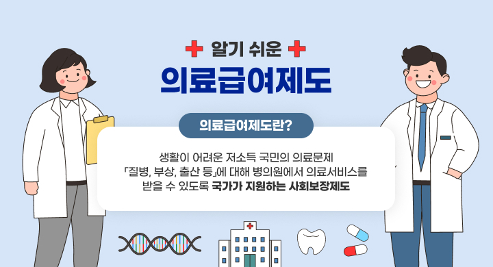 알기 쉬운
의료급여제도
의료급여제도란?
생활이 어려운 저소득 국민의 의료문제
「질병, 부상, 출산 등」에 대해
병의원에서 의료서비스를 받을 수 있도록
국가가 지원하는 사회보장제도