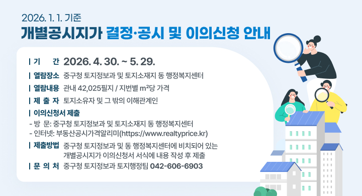 2026. 1. 1.기준 개별공시지가 결정․공시 및 이의신청 안내
기 　 간: 2026. 4. 30. ~ 5. 29.
열람장소: 중구청 토지정보과 및 토지소재지 동 행정복지센터
열람내용: 관내 42,025필지 / 지번별 ㎡당 가격
제 출 자: 토지소유자 및 그 밖의 이해관계인
이의신청서 제출
방  문: 중구청 토지정보과 및 토지소재지 동 행정복지센터
인터넷: 부동산공시가격알리미(https://www.realtyprice.kr)
제출방법: 중구청 토지정보과 및 동 행정복지센터에 비치되어 있는 개별공시지가 이의신청서 서식에 내용 작성 후 제출
문 의 처: 중구청 토지정보과 토지행정팀(042-606-6903)