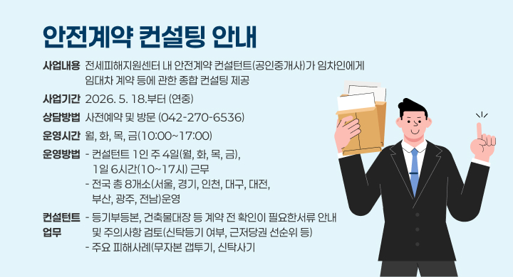 안전계약 컨설팅 안내
사업내용  전세피해지원센터 내 안전계약 컨설턴트(공인중개사)가 임차인에게
                  임대차 계약 등에 관한 종합 컨설팅 제공
사업기간  2026. 5. 18.부터 (연중)
상담방법  사전예약 및 방문 (042-270-6536)
운영시간  월, 화, 목, 금(10:00~17:00)
운영방법  - 컨설턴트 1인 주 4일(월, 화, 목, 금), 
                     1일 6시간(10~17시) 근무
                  - 전국 총 8개소(서울, 경기, 인천, 대구, 대전, 
                     부산, 광주, 전남)운영
컨설턴트  - 등기부등본, 건축물대장 등 계약 전 확인이 필요한서류 안내
업무             및 주의사항 검토(신탁등기 여부, 근저당권 선순위 등)
                  - 주요 피해사례(무자본 갭투기, 신탁사기