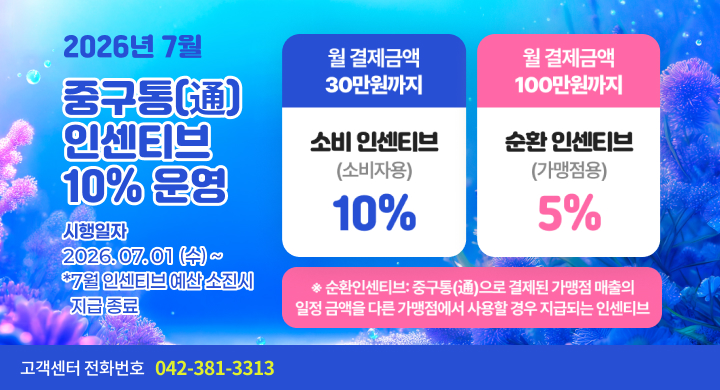 2026년 6월 중구통(通) 인센티브 10% 운영 시행일자 2026.07.01 (수) 7월 인센티브 예산 소진 시 지급 종료 소비 인센티브 월 결제금액 30만원까지 소비 인센티브 (소비자용) 10% 순환 인센티브 월 결제금액 100만원까지 순환 인센티브 (가맹점용) 5%  순환인센티브: 중구통(通)으로 결제된 가맹점 매출의 일정 금액을 다른 가맹점에서 사용할 경우 지급되는 인센티브  고객센터 전화번호 042-381-3313