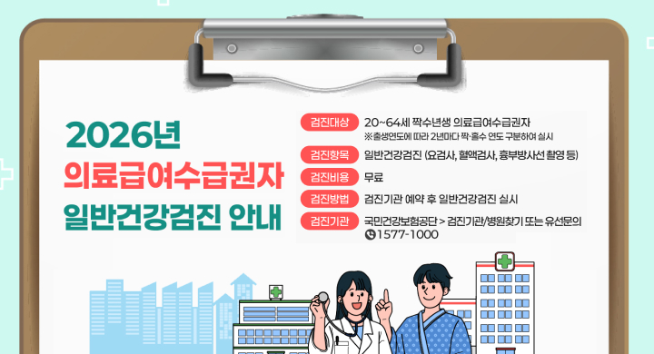 2026년 의료급여수급권자 일반건강검진 안내
※출생연도에 따라 2년마다 짝·홀수 연도 구분하여 실시
검진항목 일반건강검진 (요검사, 혈액검사, 흉부방사선 활영 등)
검진비용 무료
검진방법 검진기관 예약 후 일반건강검진 실시
검진기관 국민건강보험공단 > 검진기관/병원찾기 또는 유선문의 91577-1000